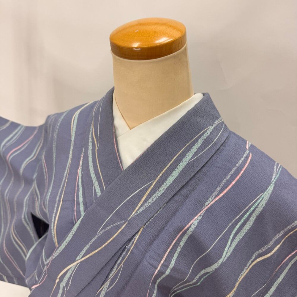 小紋 単衣 洗える着物 裄66.7cm 身丈160cm 花柄 お洒落着 普段着 ポリエステル グレー 美品 M サイズ 6596