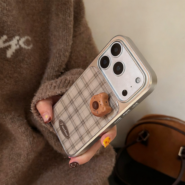 KPPパステルグレーの立体くまiPhoneケース