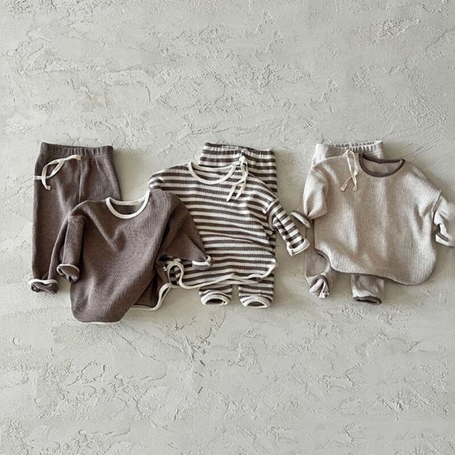 【秋作】ワッフルピュアカラーORボーダーセットアップ　全3種類