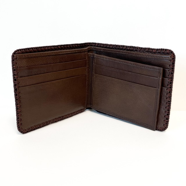 本革 二つ折り財布（リーフ模様・飾り縫い）6色  レザー  ハンドクラフト（財布/No.05）