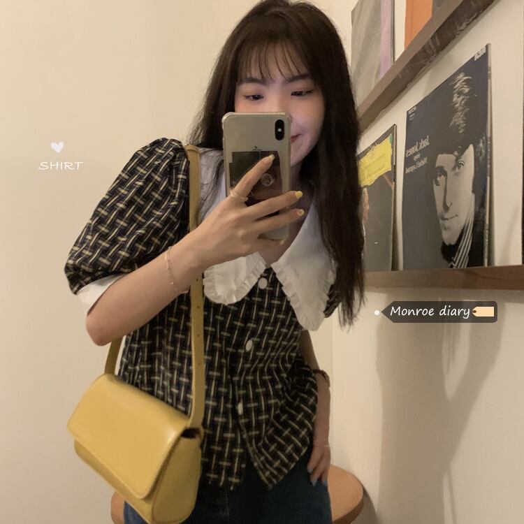 スタンダードショート格子柄シャツ サマーカラー半袖スリーブ レトロ ハーフスリーブ 夏物 モンロー81113245204