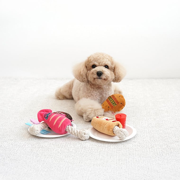 happy meal snack rope toy 4color / 犬 おもちゃ ノーズワーク トイ ペット用 カシャカシャ 噛む 音が鳴る 知育玩具 鳴き笛入り 可愛い わんちゃん おもちゃ おやつ隠し ストレス解消 韓国 ペット用品