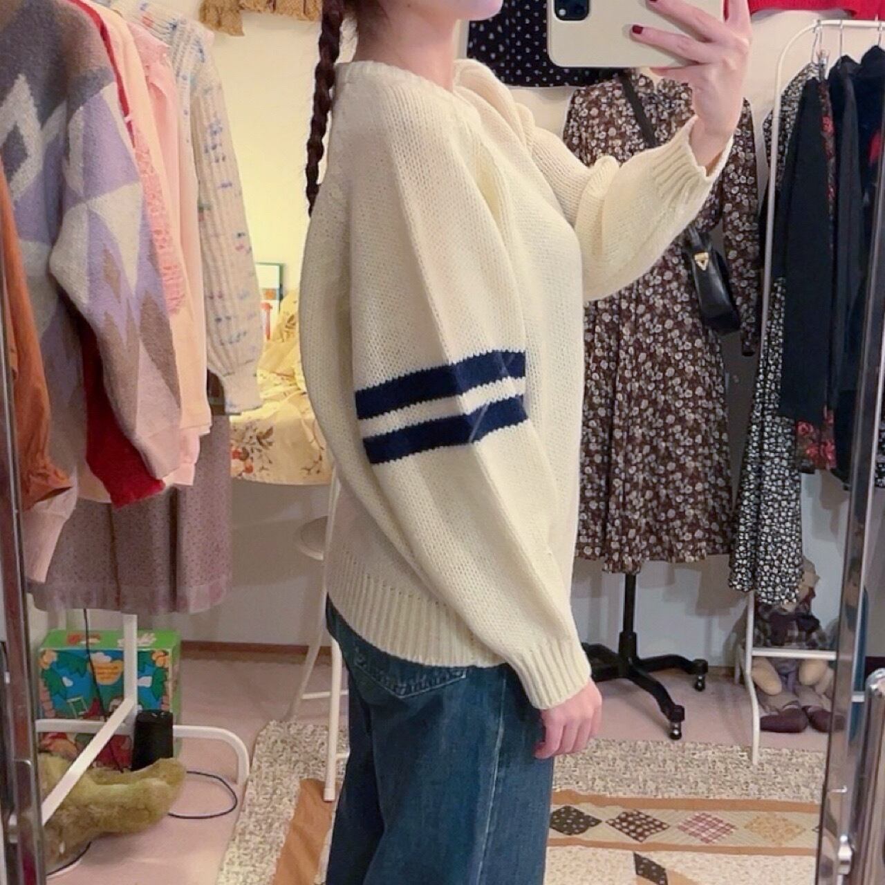 navy double line crew neck sweater