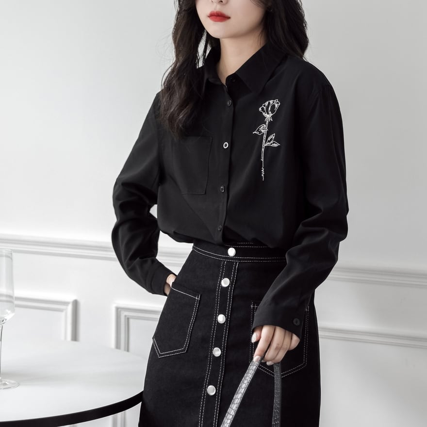 Ozz on Rozen Kavalier 刺繍シャツ　ゴシック y2k 黒 サブカル 服 地雷系 通販 長袖シャツ ローズ 一輪華 ドレスシャツ 刺繍