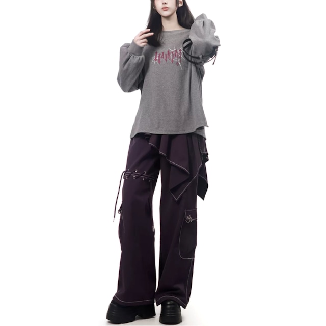 ダークパープルレイヤードカーゴワイドパンツ(lli_7398)