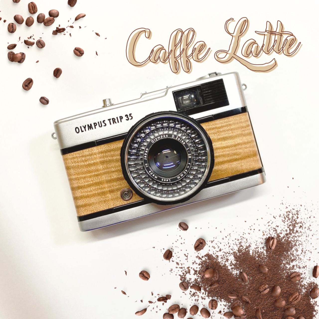 カフェ・ラテ Olympus Trip35 レトロフィルムカメラ 天然木材 caffe latte ギフト ブラウン 受注製作