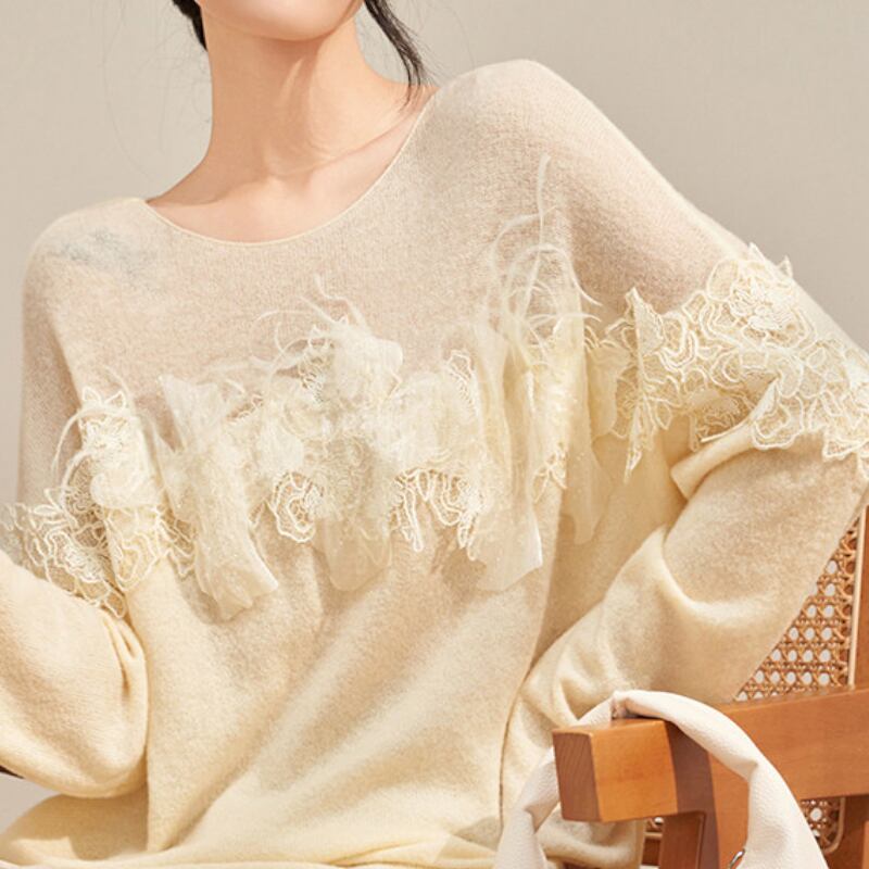 Creamy Sheer Knit Lace-Ruffle Pullover S0256