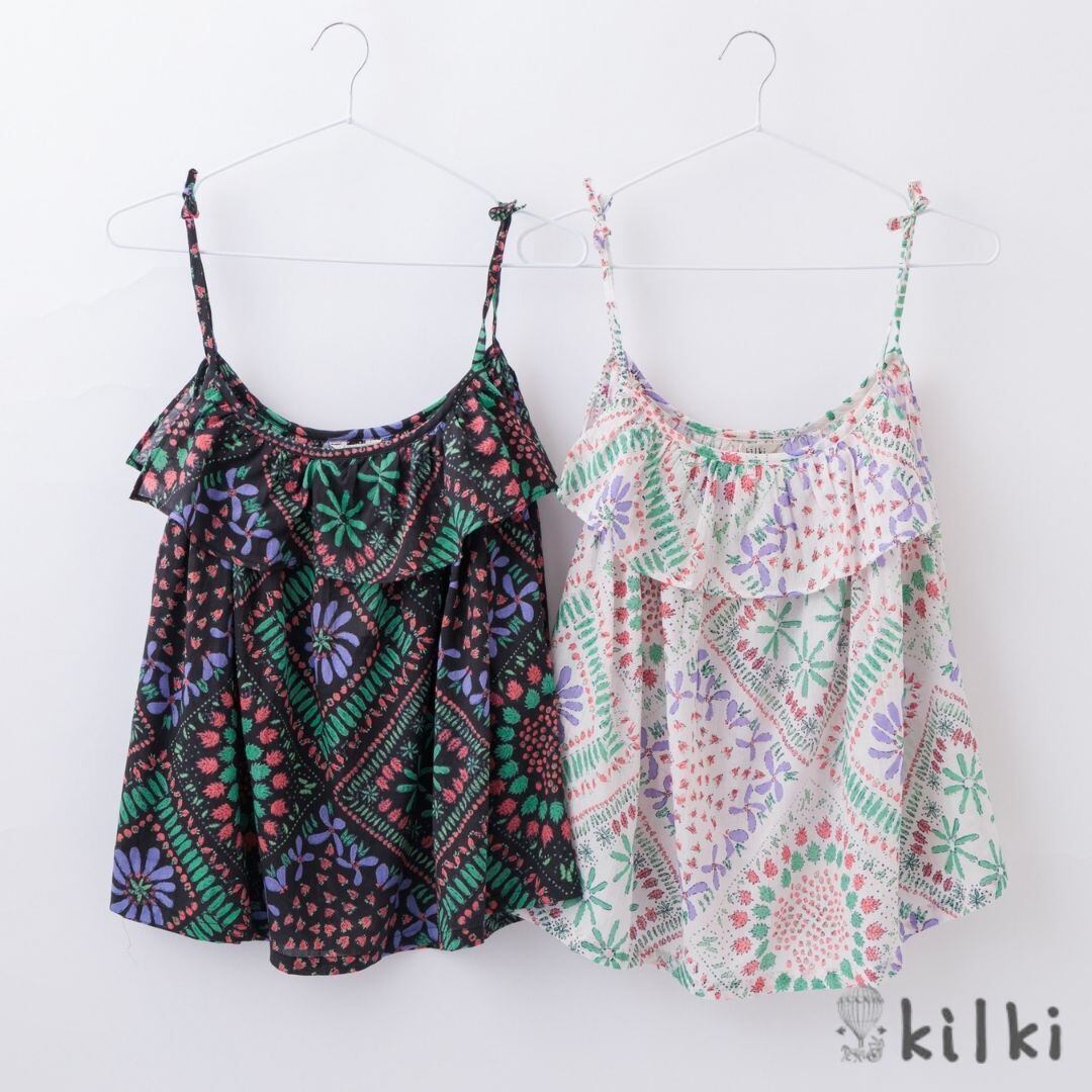 KILKI キルキー キャミソール カップなし フリル スクエアベジタブル ビスチェ 夏 綿100% コットン100 柄 植物 coco made おしゃれ かわいい ギフト プレゼント ブラック ホワイト 6S-B33 Kl035