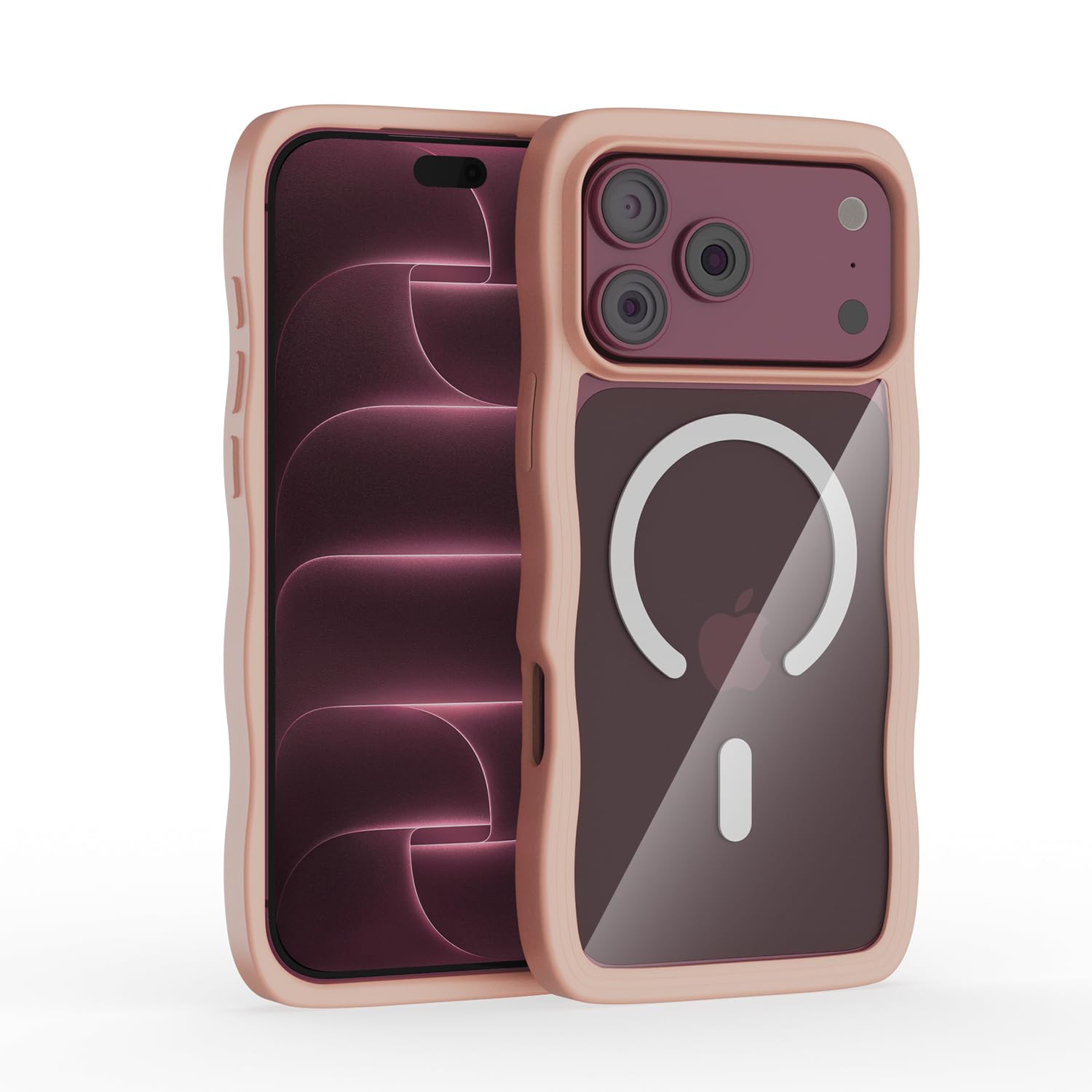 kasuziki iphone 18 pro max ケース MagSafe対応 ワイヤレス充電対応 クリア ウェーブ うねうね 波型 耐衝撃 TPUバンパー PC背面 スマホケース いphone18promax ケース (ピンク)