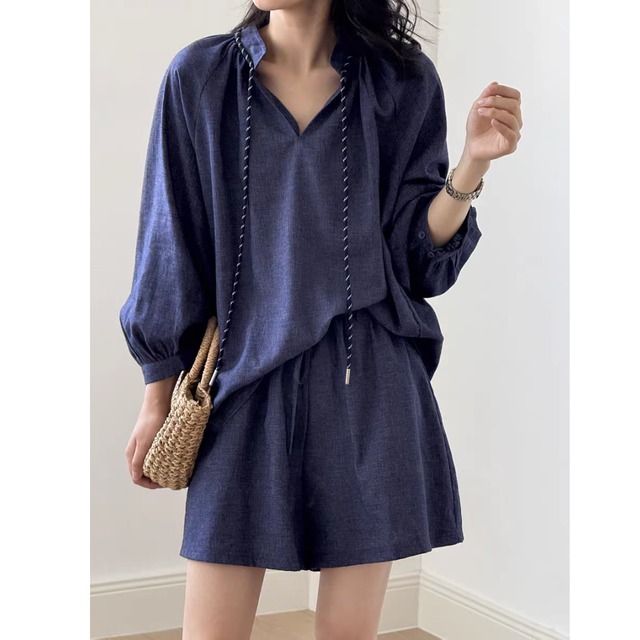 リネンシャツワイドレッグショートパンツセット　0101