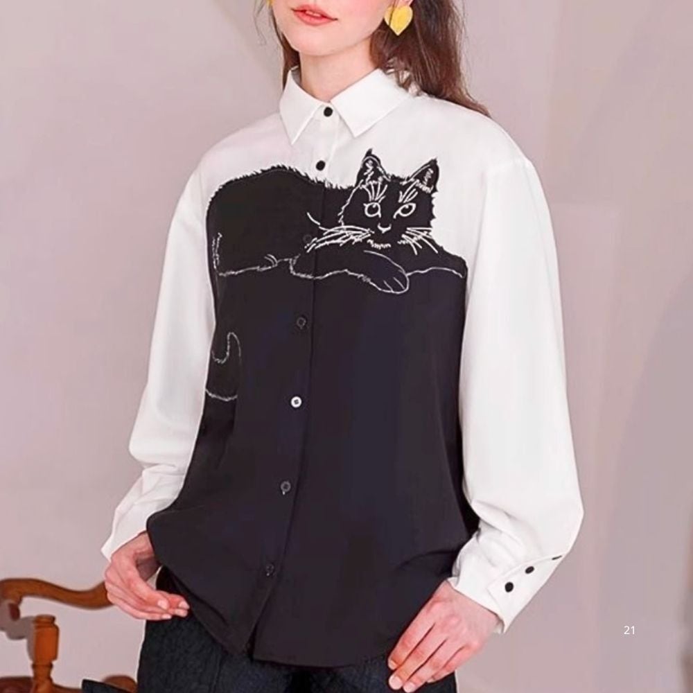 黒猫が寝そべるモノトーンバイカラーシャツ E00306 | EMMA GRAND