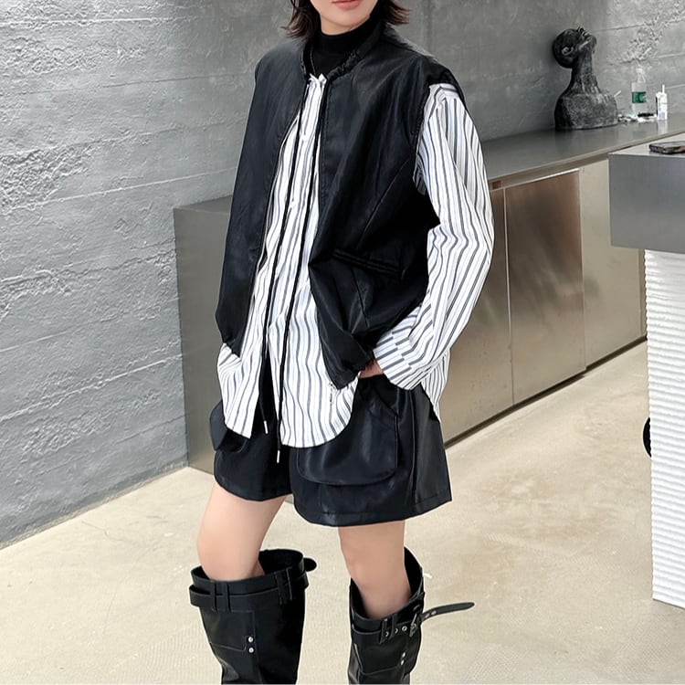 PU切り替えフェイクレイヤードシャツ ◆2col R30101