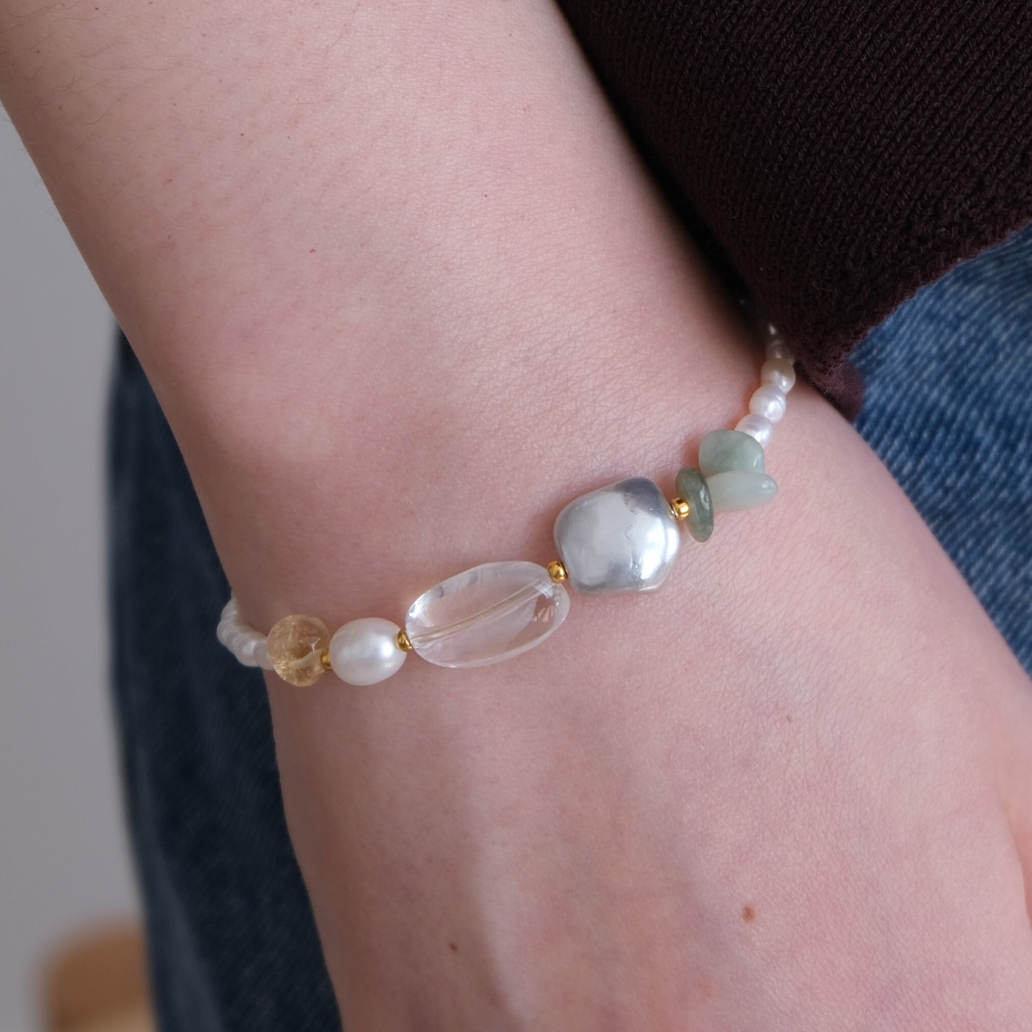 パール イヤリング& 天然石ブレスレット kuldi og hlýja bracelet 淡水バロックパール 天然石ブレスレット 翡翠