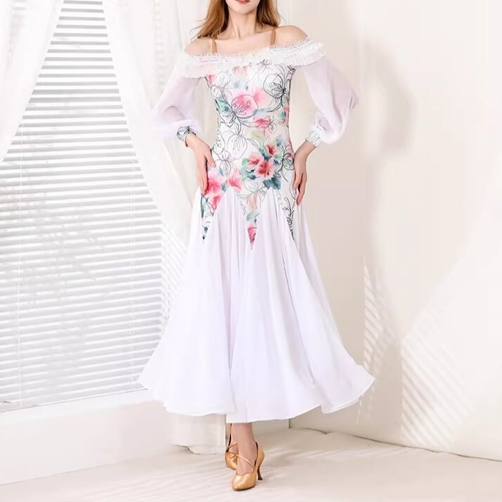 フラワープリント オフショルダー スタンダードドレス ds1497