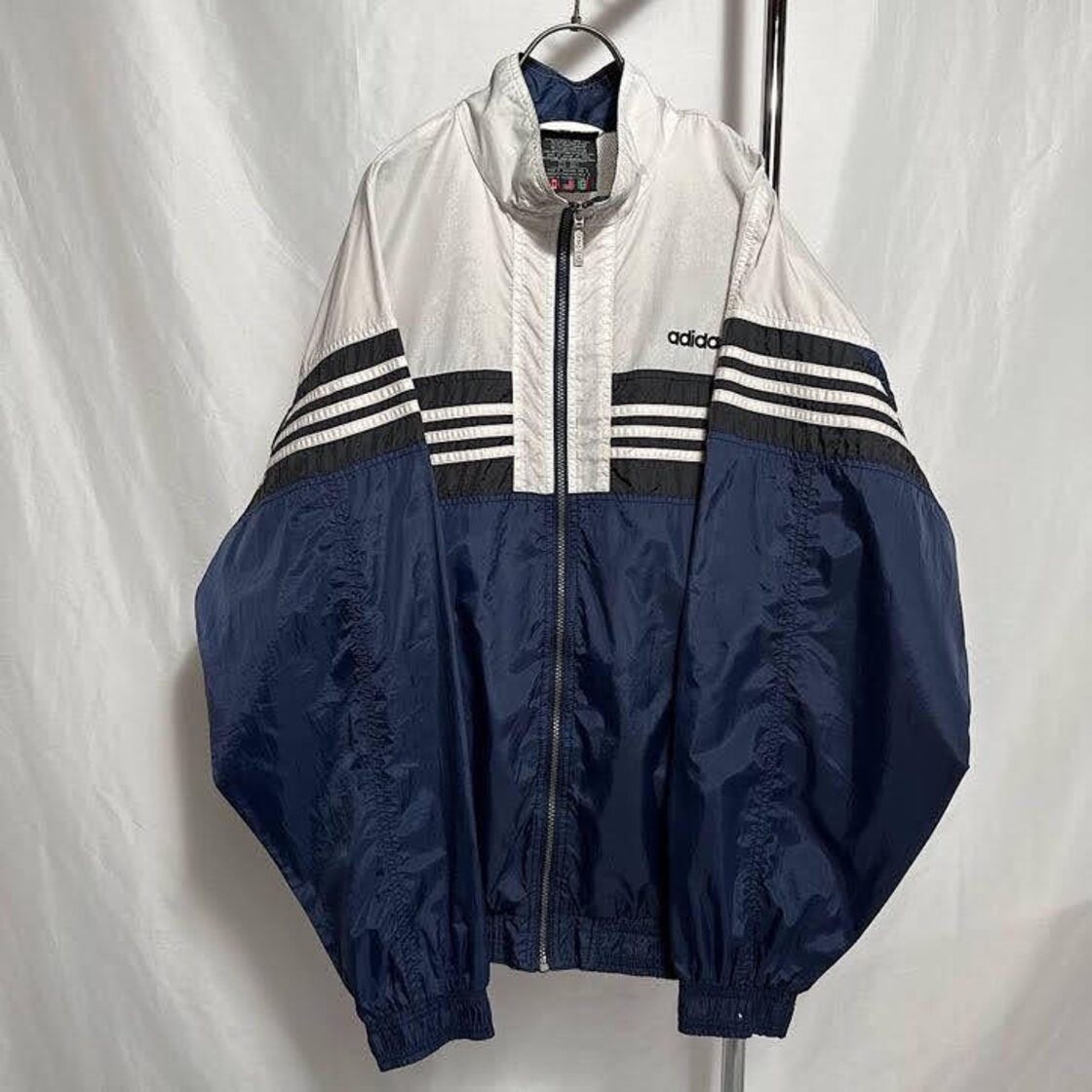 80s 【adidas】size:L ナイロンジャケット フルジップ ネイビー 白 