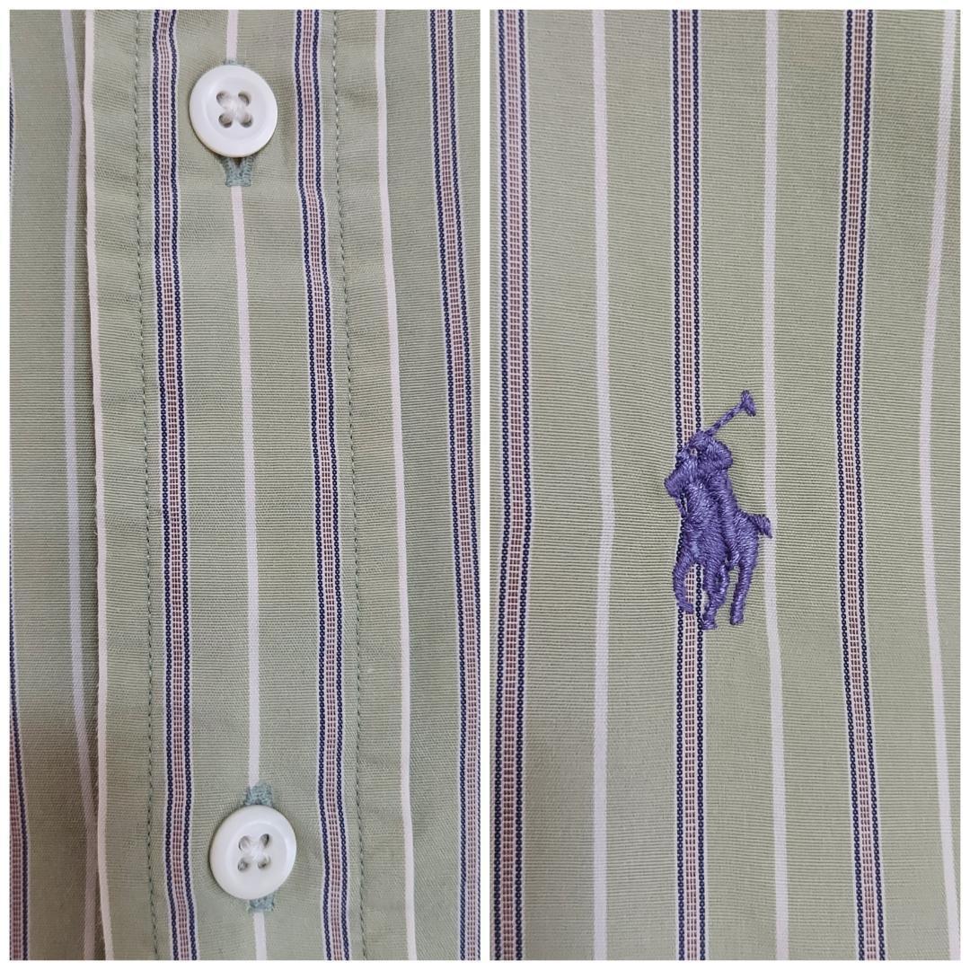 90s ラルフローレン ストライプシャツ 刺繍ポニー M グリーン 緑 紫 白