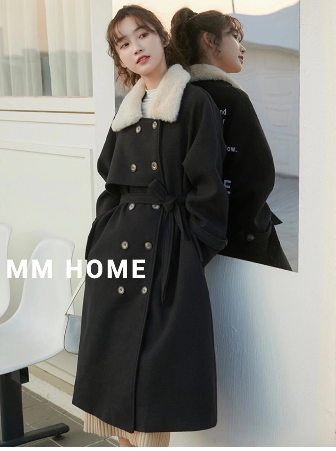 ウールブレンド ファー付き ロングコート AJ42441-6665