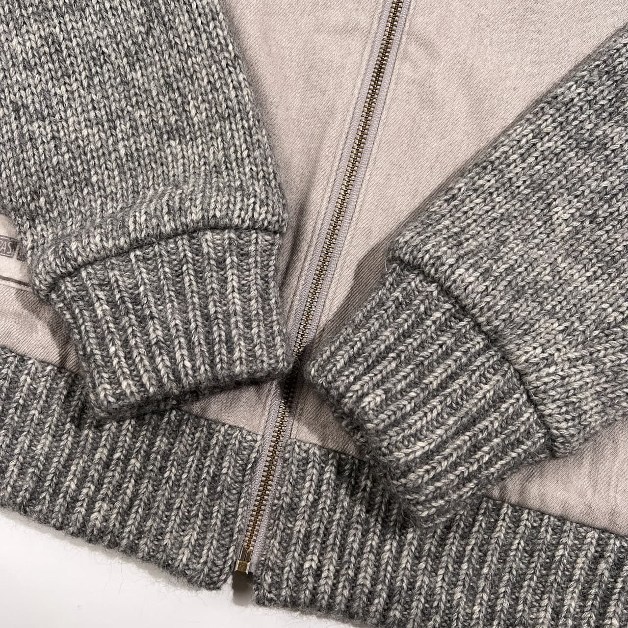 美品 PAPAS パパス フード付き ニット切替 スタジャン 裏フリース ジャケット サイズ 50 L /グレー系/ワッペン付き/メンズ/日本製