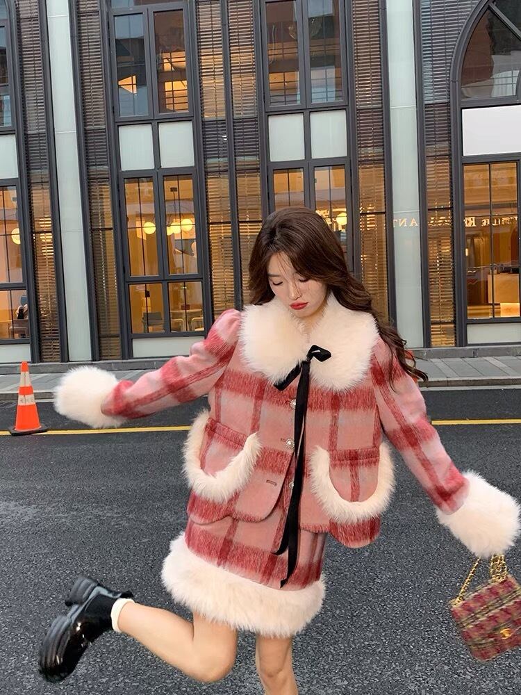 コート ピンク リボン チェック ファー ジャケット ボーダー 白黒