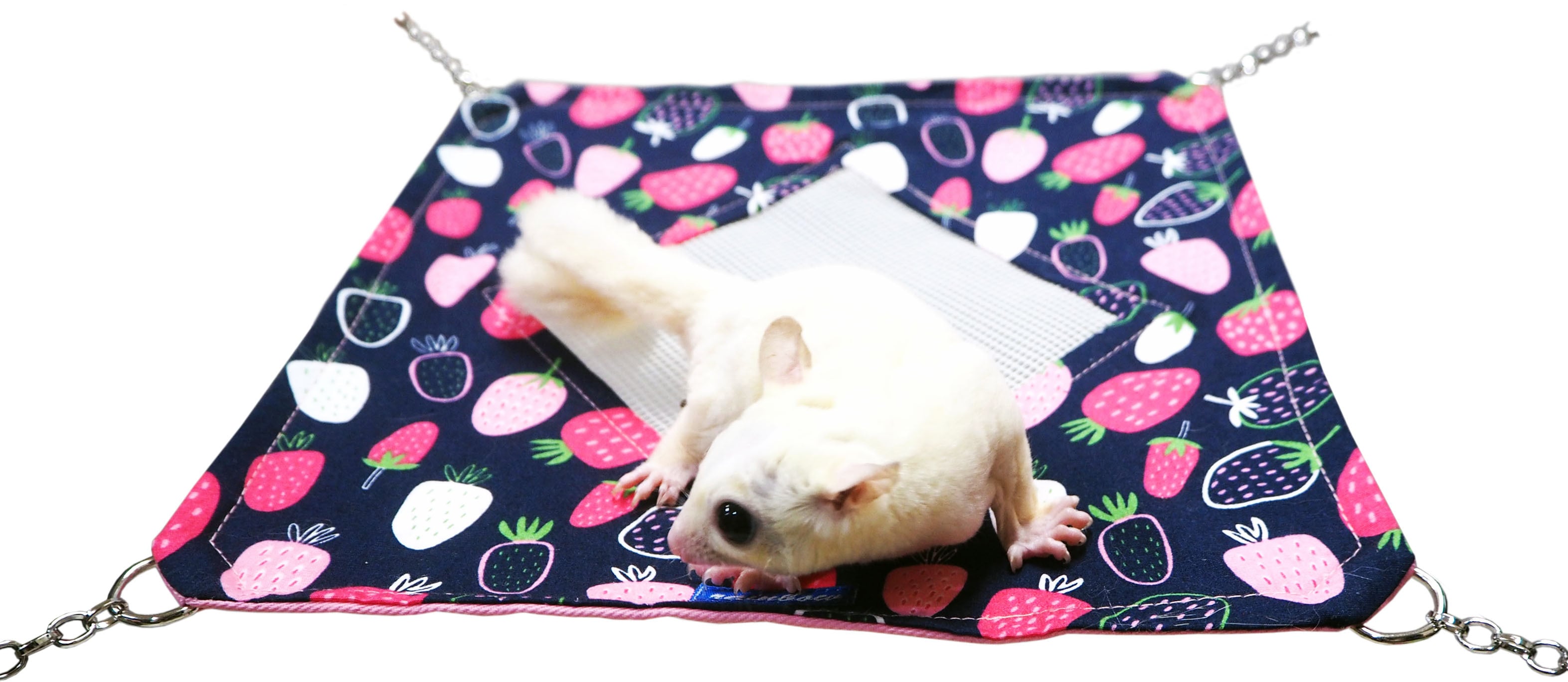 【小動物用品】ミニメッシュハンモック いちご ホワイト/ブルー