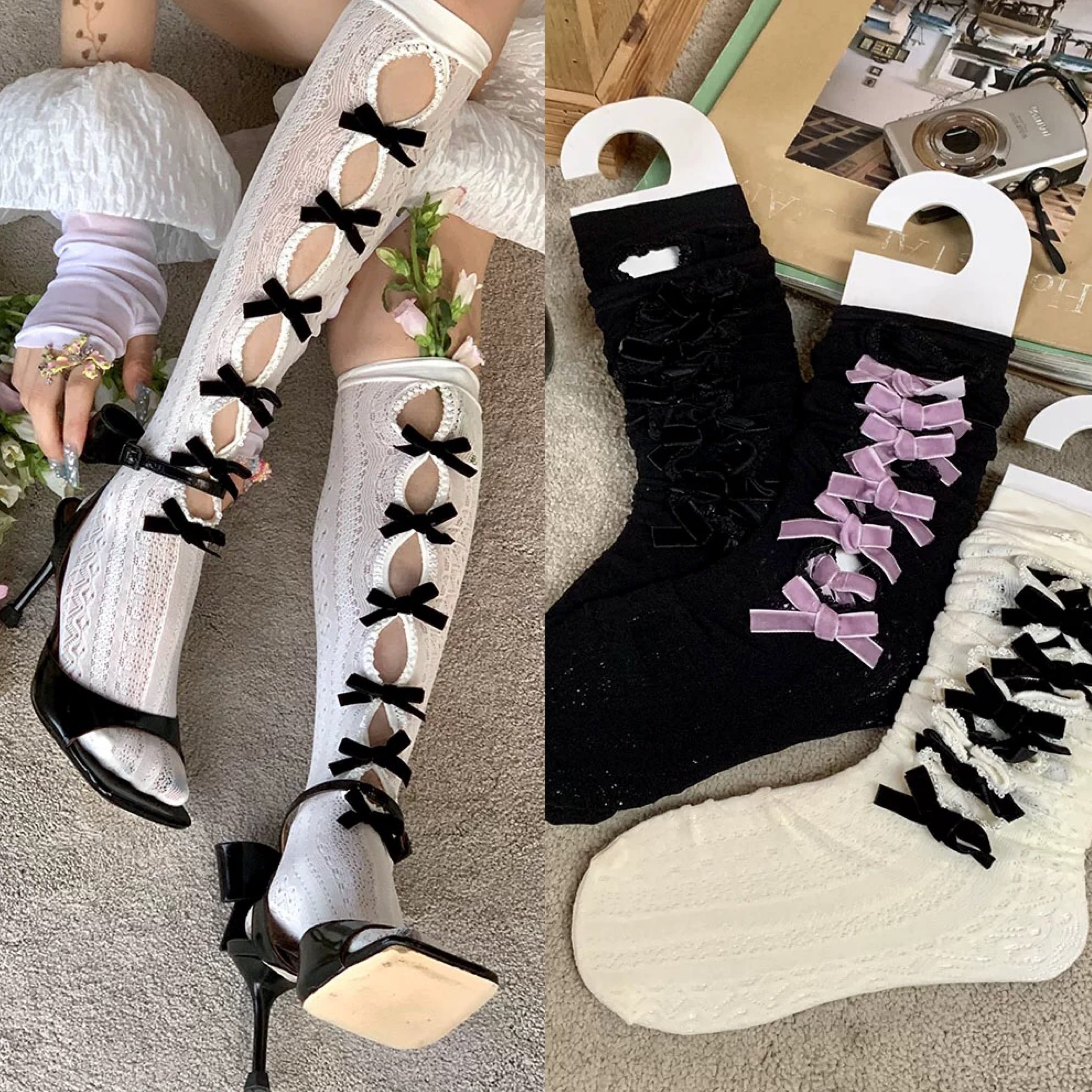 リボン 靴下 紫 ピンク 個性的 チェック グレー カラフル ストッキング  