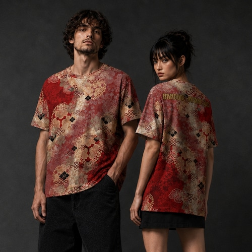 和紋様装飾　紅桃　和柄230GヘビーウェイトコットンTシャツ