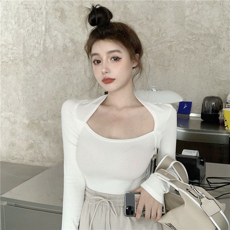 ハンギングネックスクエアカラーホワイト長袖Tシャツレディース初秋丁寧なマシンタイトフィットデザインセンスボトミングシャツトップイン潮 ブラックストロベリース93864433682