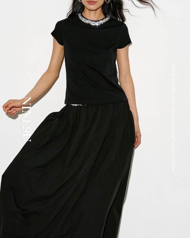 sequin-embellished t-shirt 2color【NINE0324】