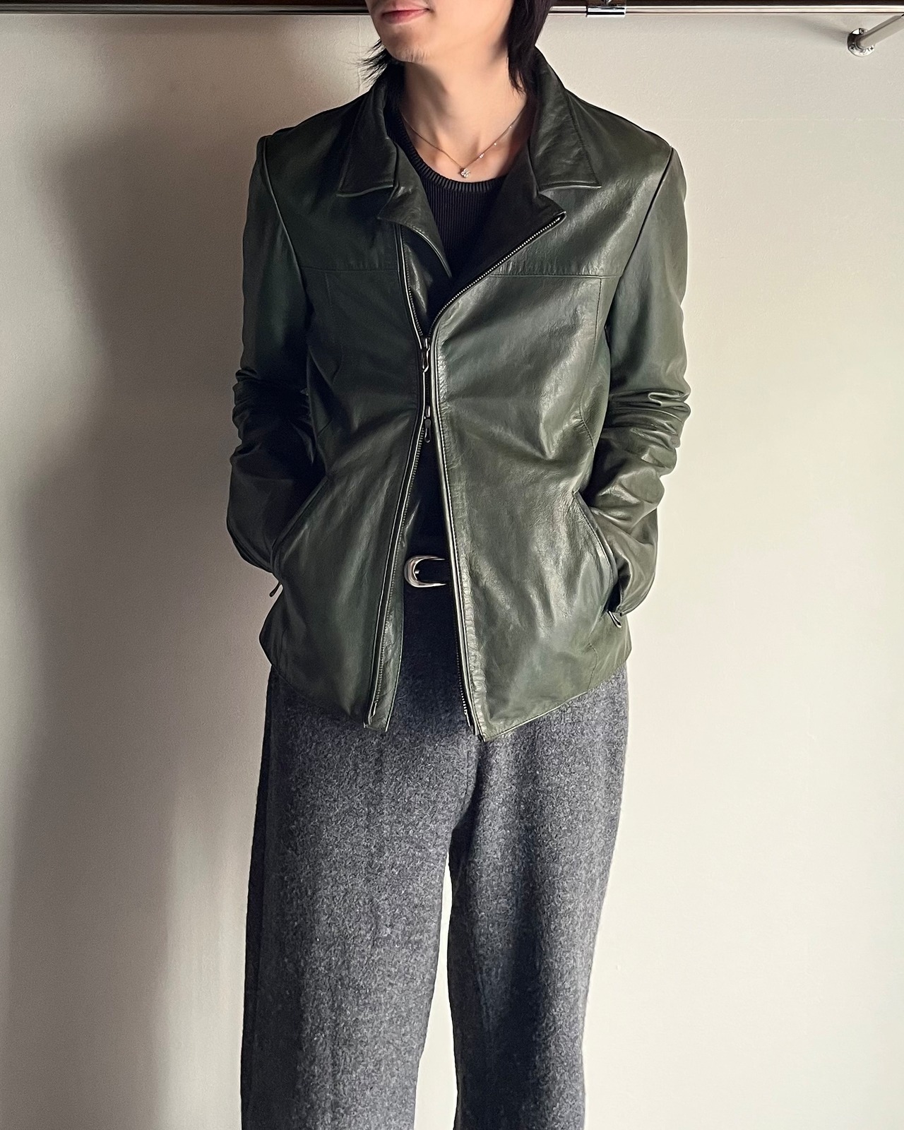 【5351 Pour HOMMES】moss goat leather riders jacket