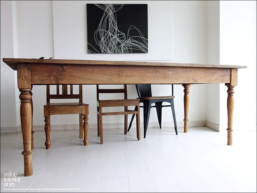 フランスアンティーク古木ダイニングテーブル/木製机/白木作業台(65 