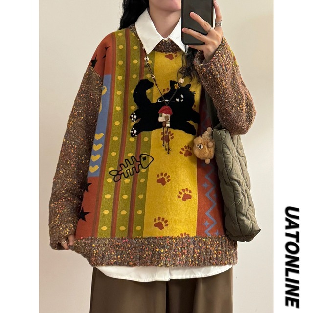 【UATONLINEシリーズ】★セーター★ ニットトップス 男女兼用 レディース 猫 ねこ ネコ 配色 レトロ ラウンドネック