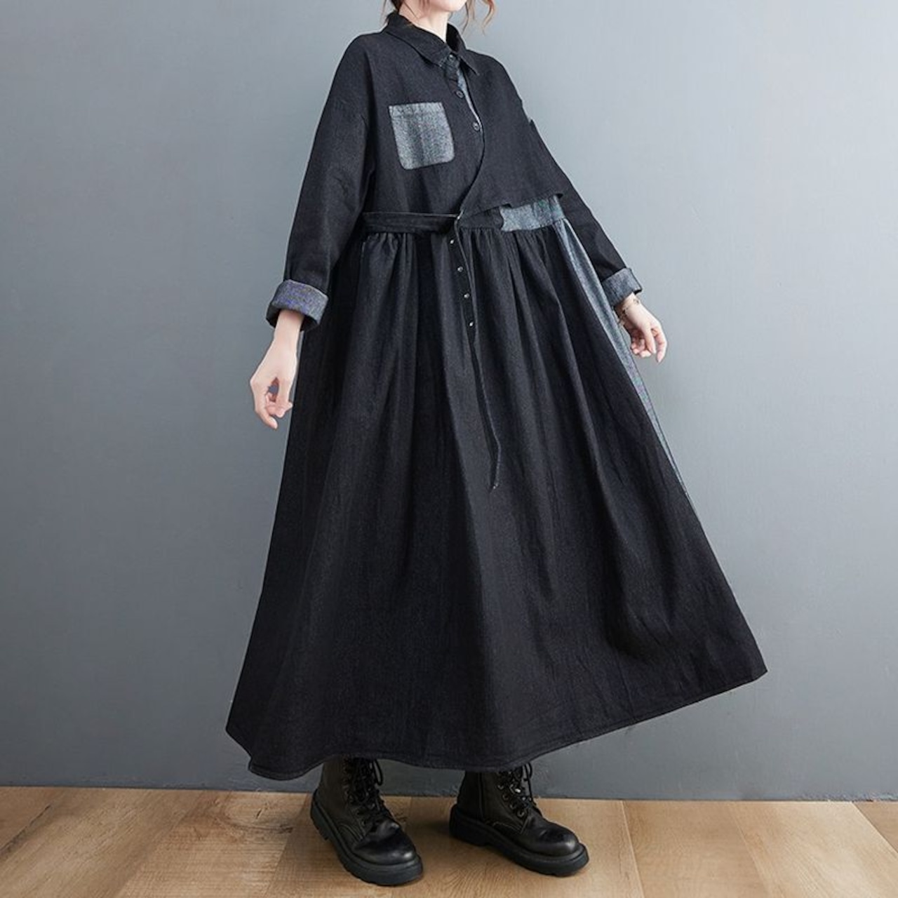 コントラスト デニム ワンピース 00110