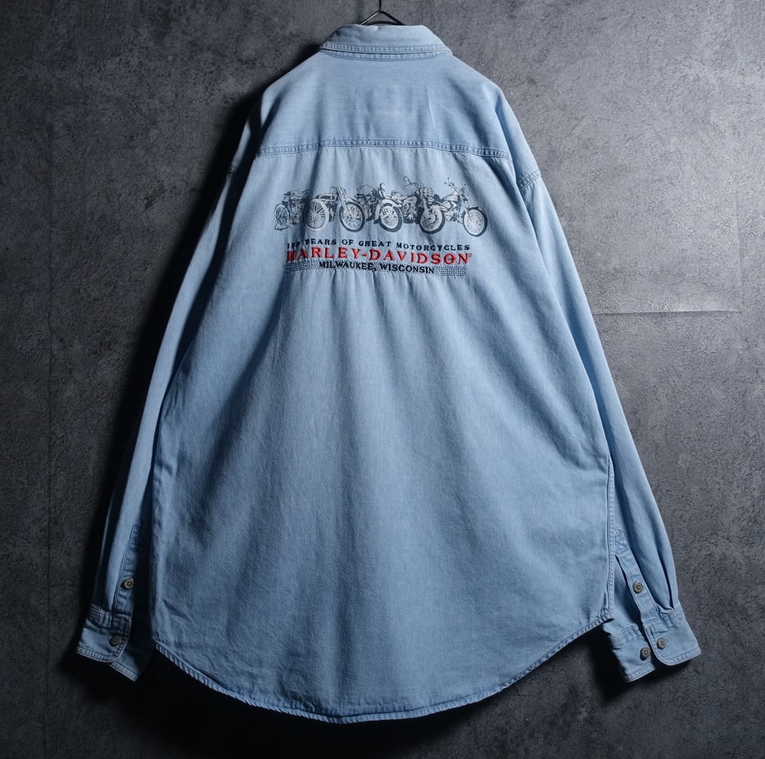 00s "Harley Davidson" Logo & Bike Design Denim Shirt