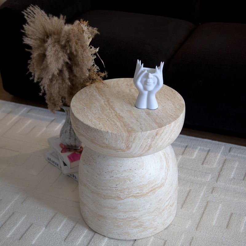 サイドテーブル 円形 木目調 トラバーチン調 韓国風 北欧 おしゃれ