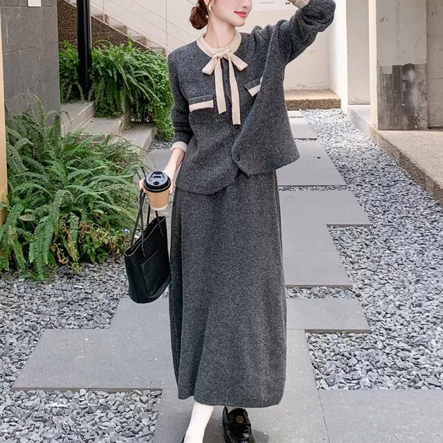 Two-tone ribbon knit cardigan and flared skirt【2set】00194