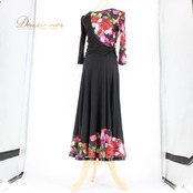 社交ダンス 衣装 スタンダード 上下セット ツーピース レッスンウェア パーティ衣装 Leirena ブラック系 レッド系 ピンク系 パープル系 ブルー系 グリーン系 イエロー系 モダン 競技 ダンス トップス スカート ワンショルダー風 フラワープリント 花柄 変形デザイン アシンメトリー風 ブラック ベース レッド フレアスカート リメイク風 スカート裾フレア ダンスレッスン 練習着 発表会 ラテンダンスではない スタンダード用 ロングスリーブ カットソー伸縮性あり ウエストゴム 伸縮素材