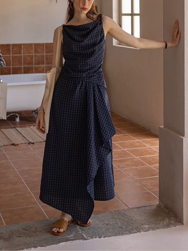 Azur Riviera Gingham Drape Dress F0771
