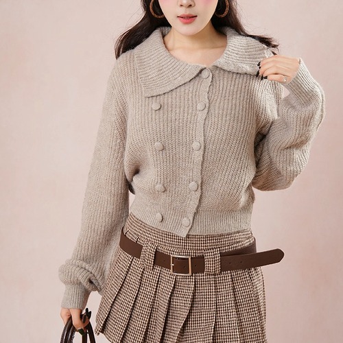 【3点セット】アシメカラーダブルボタンニットトップス＋プリーツミニスカ＋ベルト ・72690