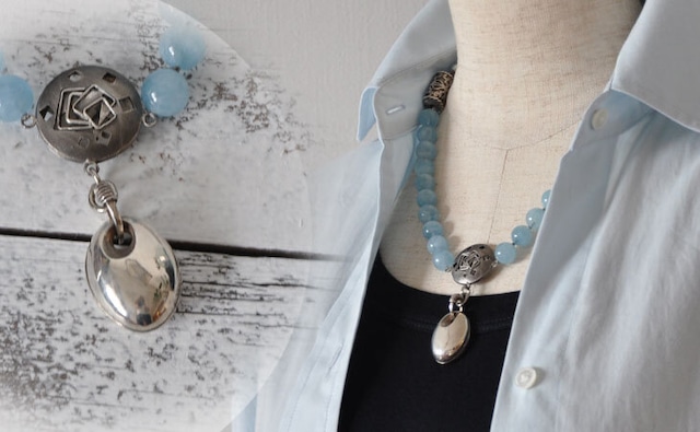 Aquamarine＋ Gray pearl necklace