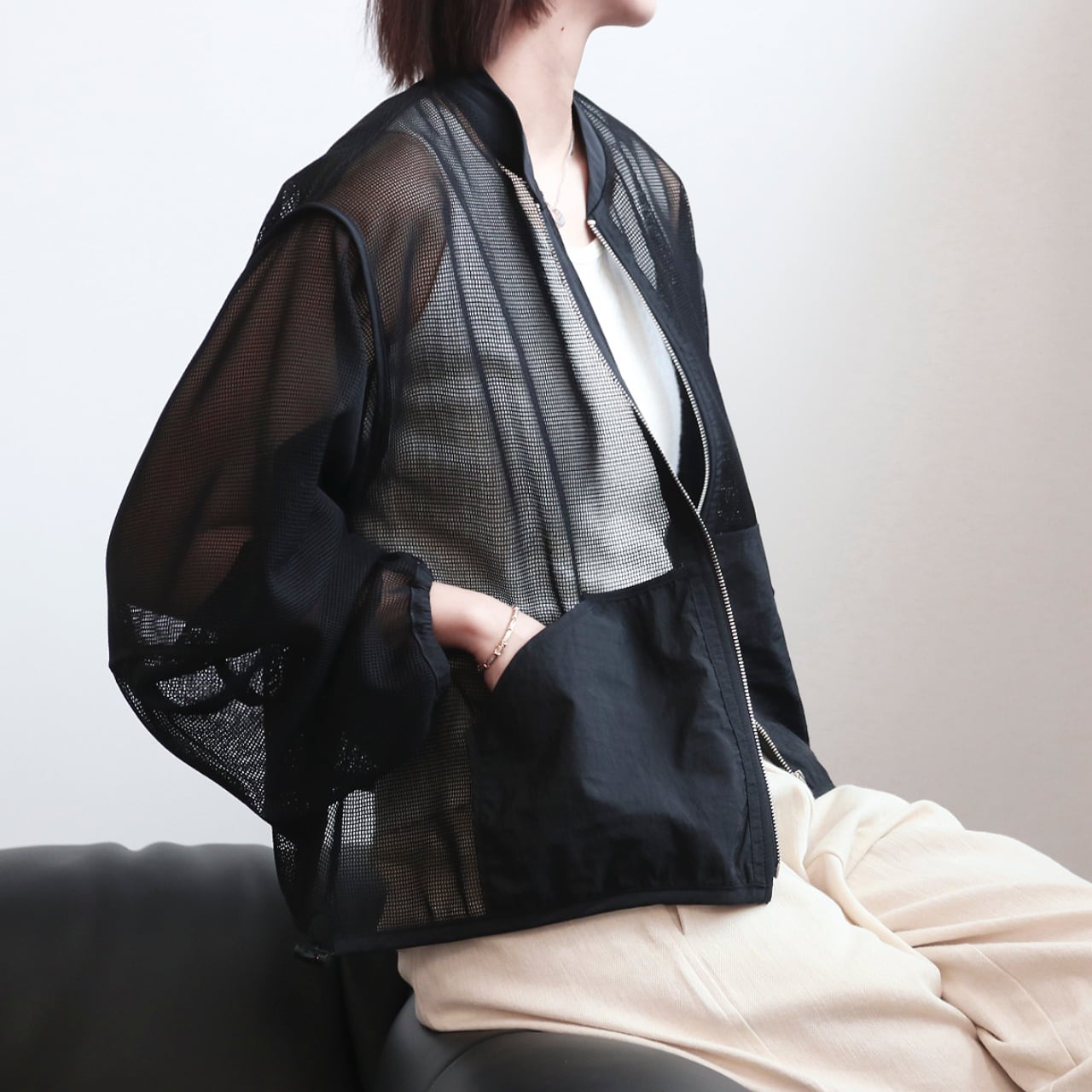 フルジップスタンドカラードロストメッシュブルゾン A01669