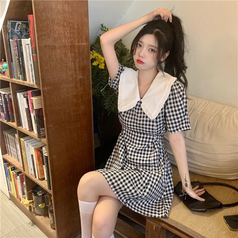 【新作】【送料無料】 ニッチ人形襟チェック柄スプライシングドレス女性の夏 2023 新しいスタイルフランスの初恋小柄なかわいい日本のスカート 0276587501227