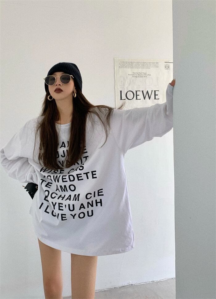 プリントTシャツ ラウンドネックオータムカジュアルトップス ロング 秋物 Oネック YY-ファッション5157933705