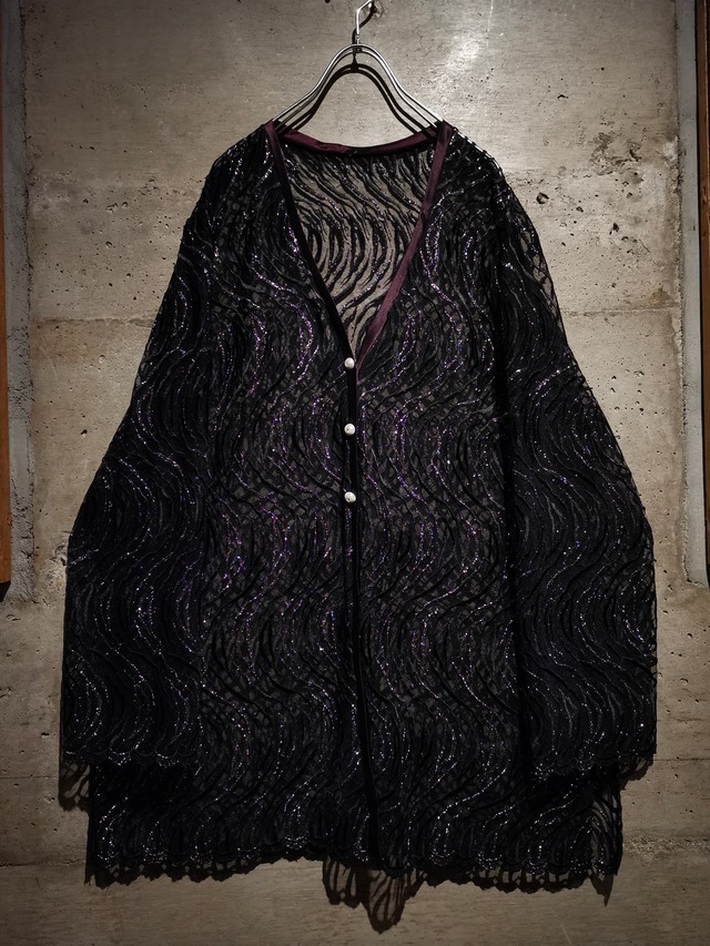 【Caka】Waving Pattern Vintage Rame × Sheer No Collar Shirt Jacket