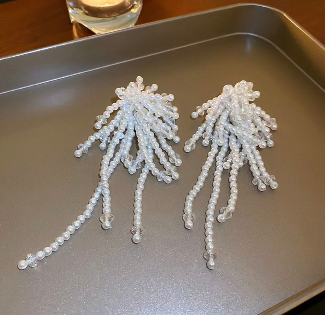 パールビーズロングタッセルイヤリングピアス 結婚式