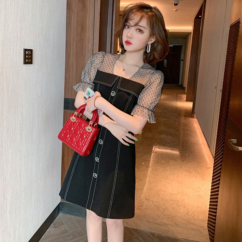 水玉メッシュボタンスリムウェストドレス スプリングサマー 春物 夏物 ステッチ MIUCO27178016664