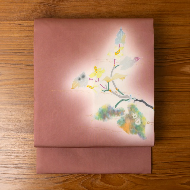 木原明作　草花の模様　塩瀬地　名古屋帯【中古品】
