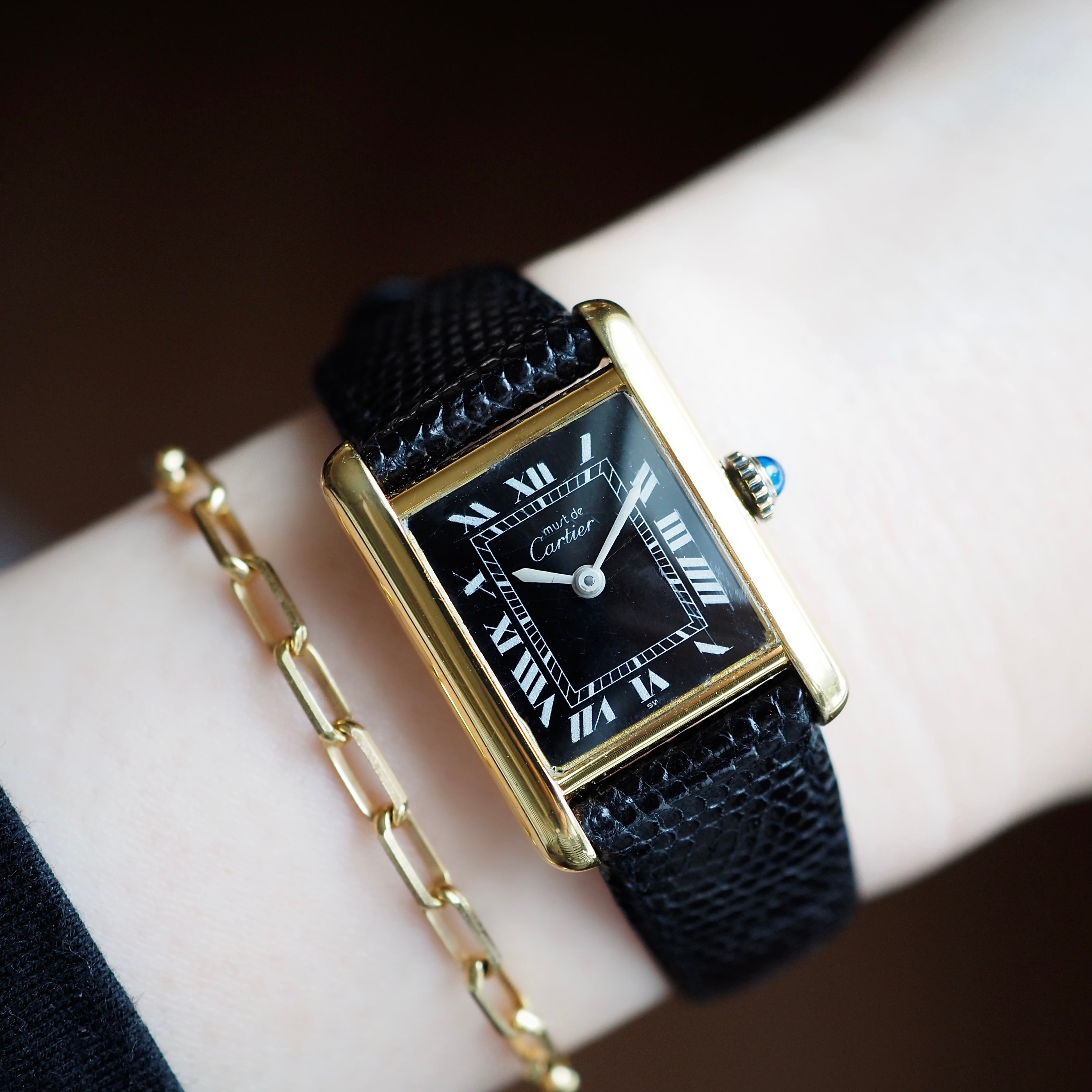 OH済み　再メッキ　カルティエ　マストタンクSM ローマン文字盤　ブラック OH済 希少 Cartier カルティエ マストタンク ブラックローマン SM