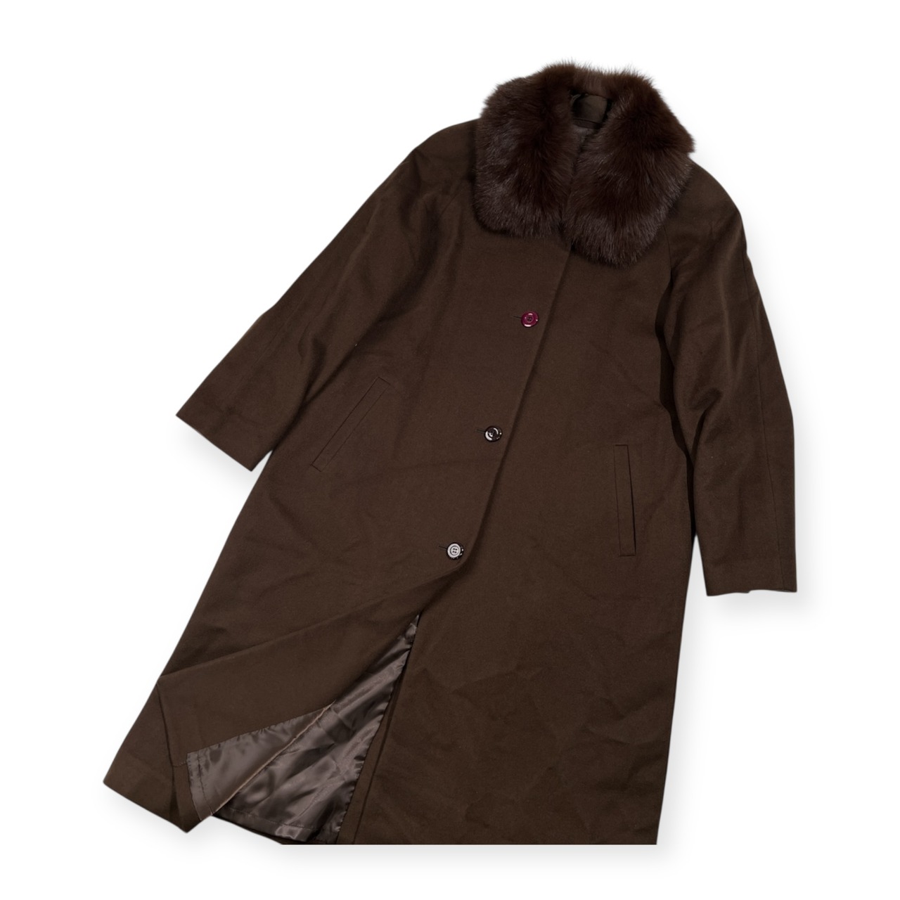 カシミヤ100% Cashmere 襟ファー付き ロング コート F フリーサイズ /レディース/ダークブラウン/カシミア
