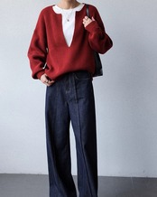 Deep v neck loose knit Sweater T20163
