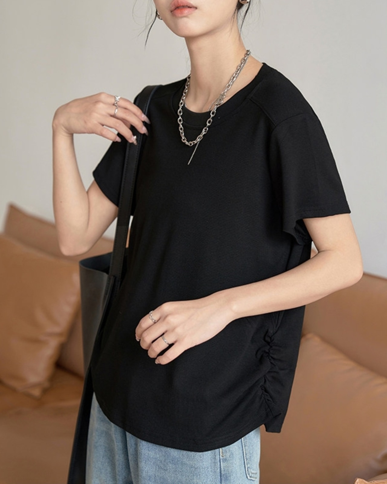 ドローストリングサイドギャザーTシャツ 2color A1084 - 1